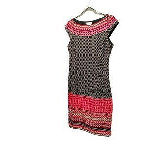 London Times Geometric Pattern Sheath Dress Size 10 Black Red Pink Side Zip